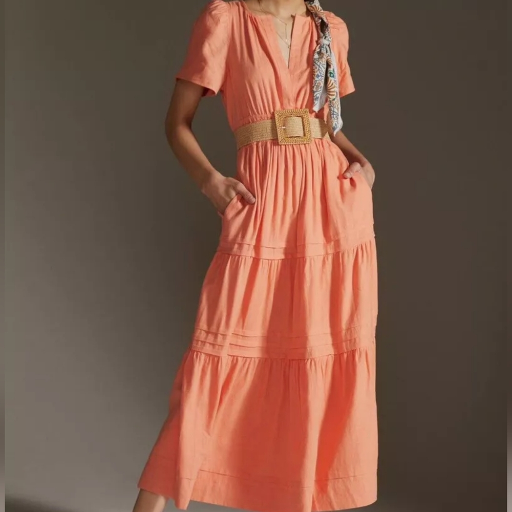 Linen Coral Maxi Dress | Anthropologie